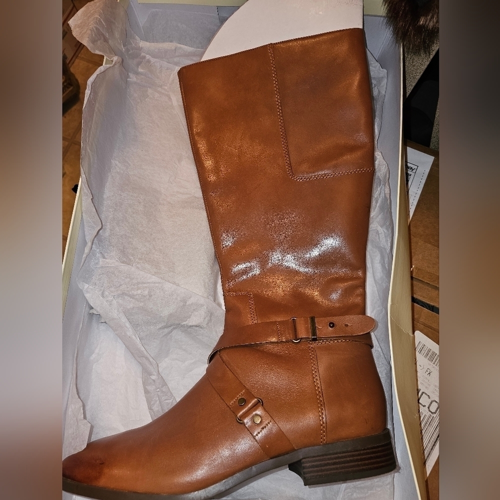 NEW NINE WEST BROWN GENUINE LEATHER KNEE HIGH RIDING BOOT SIZE 12 circum 17"